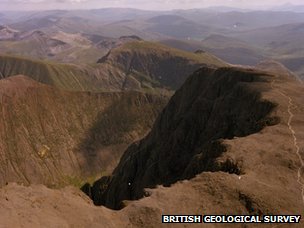 Aerial view looking east from summit of Ben Nevis